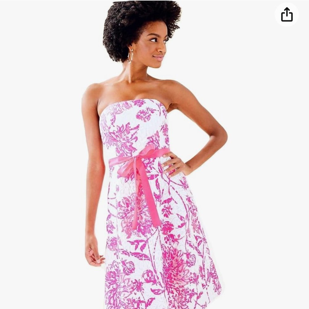 COPY - Lilly Pulitzer Sienna Strapless Dress White Caliente Pink Lace Belt Fit …